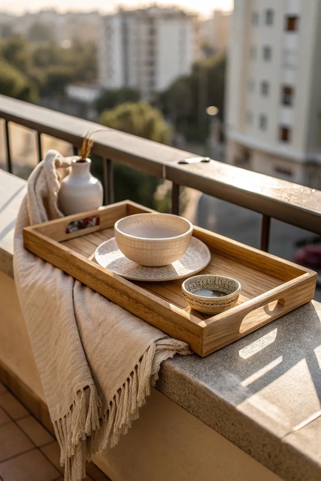 A dedicated balcony snack tray makes cozy evenings effortless—one trip and you’re set.