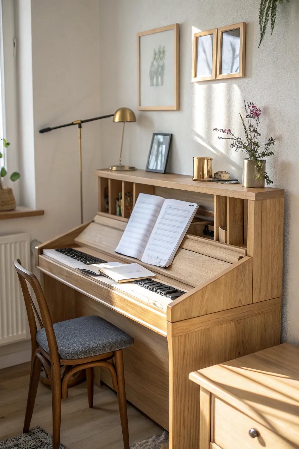 A fold-down wall desk beside the piano keeps practice notes close—minimal, cozy, space-smart.