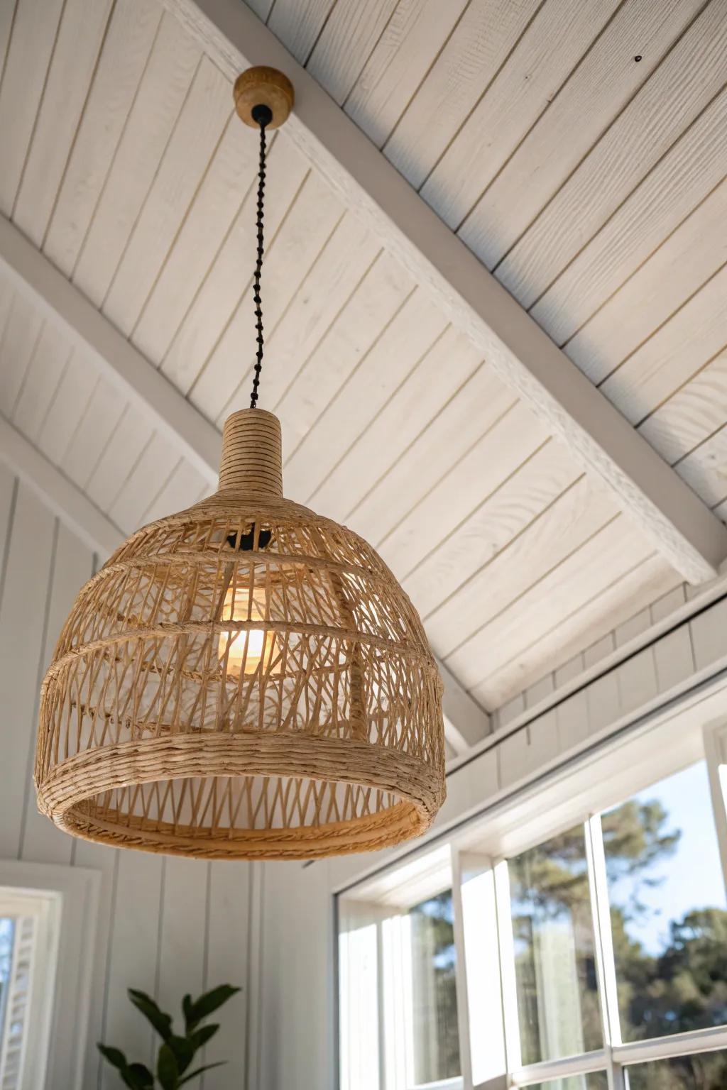Painted plank ceilings add instant cottage coziness—especially with warm woven lighting.