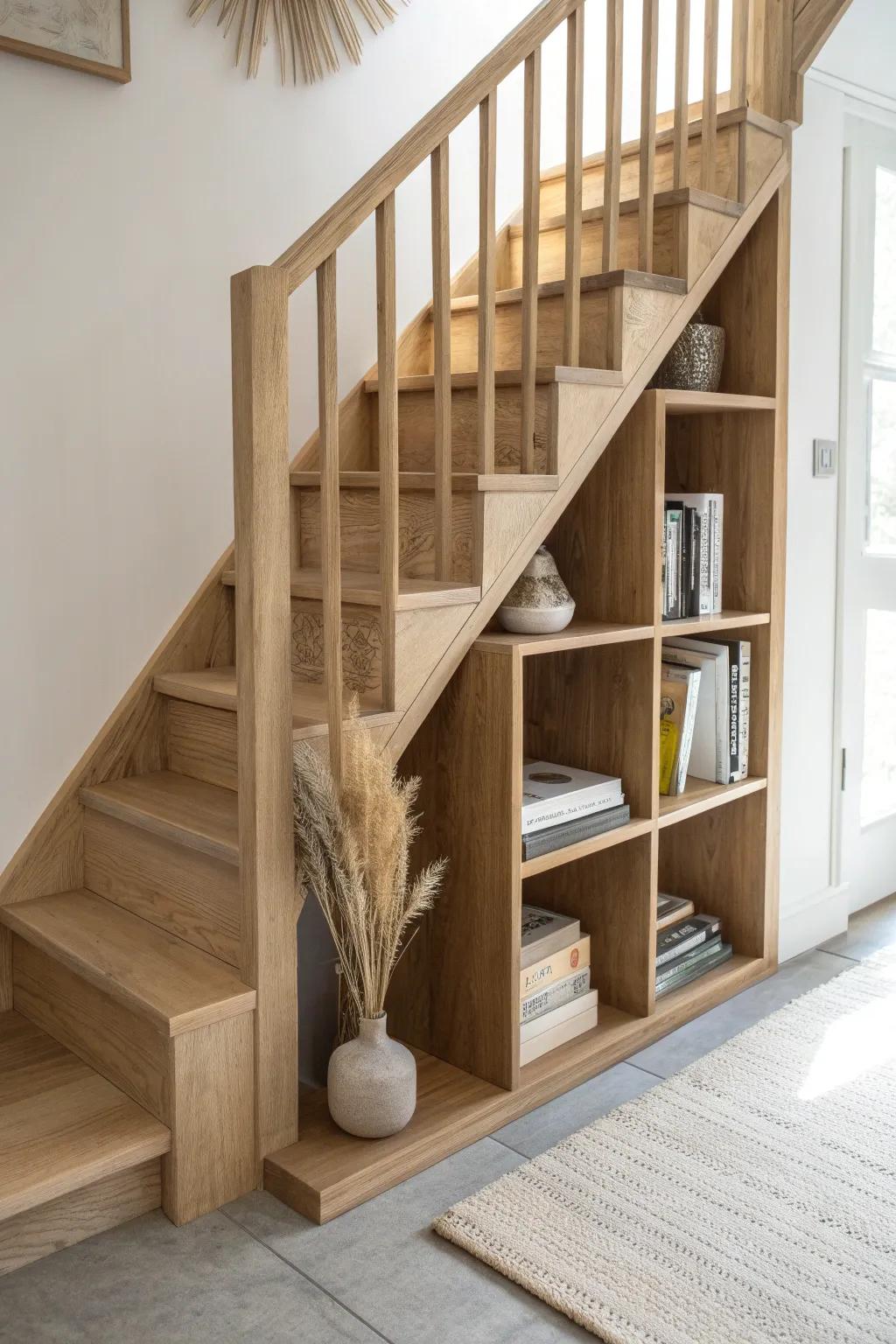 Stair-step bookshelf storage that turns under-stair space into a clean built-in moment.
