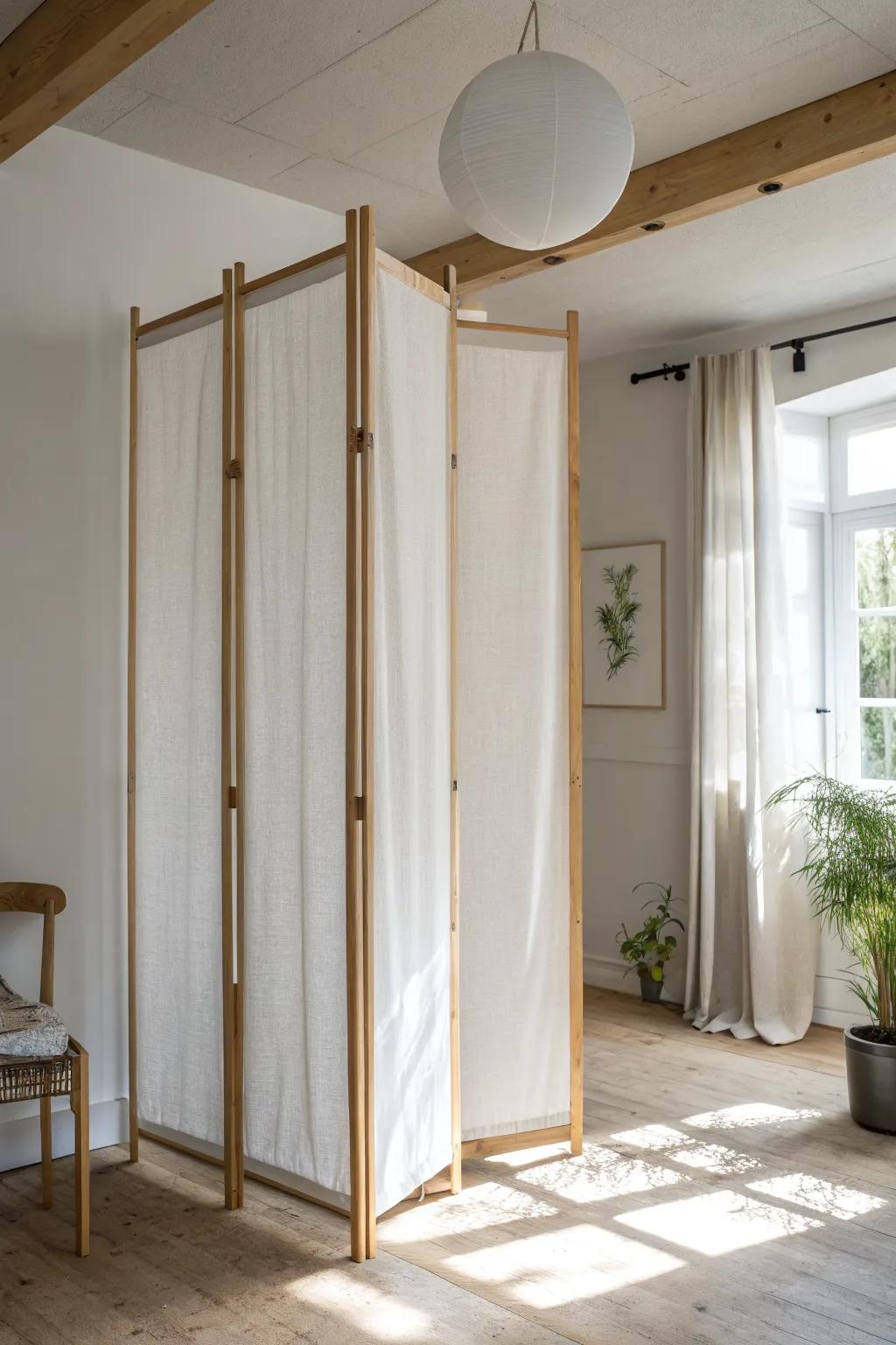 Airy hanging divider with light-filtering panels—zone a tiny office while keeping it bright.