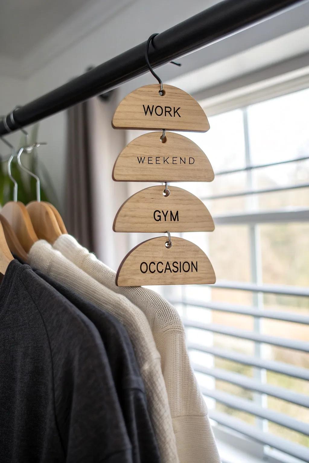 Split your closet into zones with elegant dividers—work, weekend, gym, and occasion.