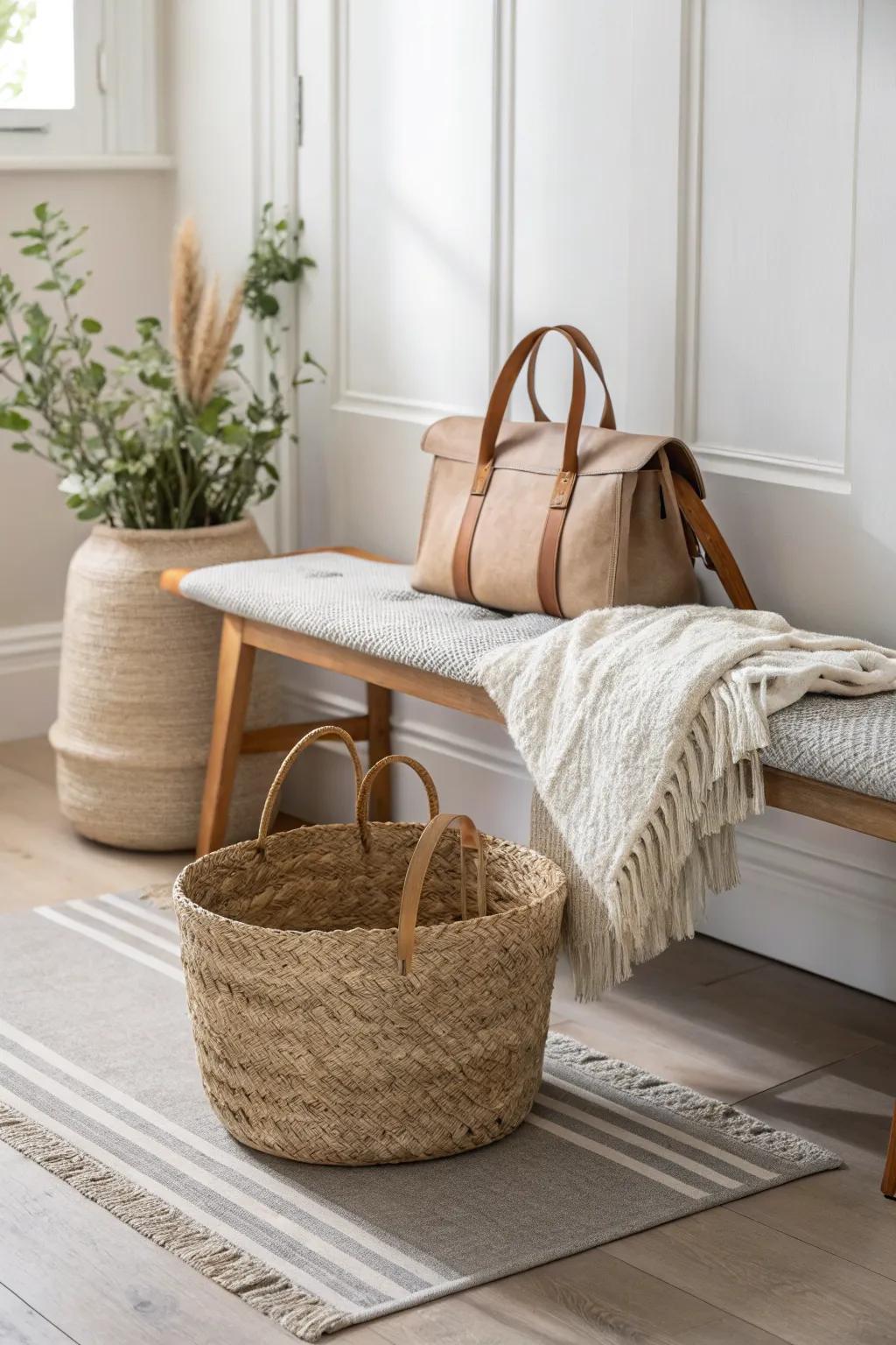 Tuck clutter away in a woven basket—instant cozy, tidy vibes for a tiny entry.
