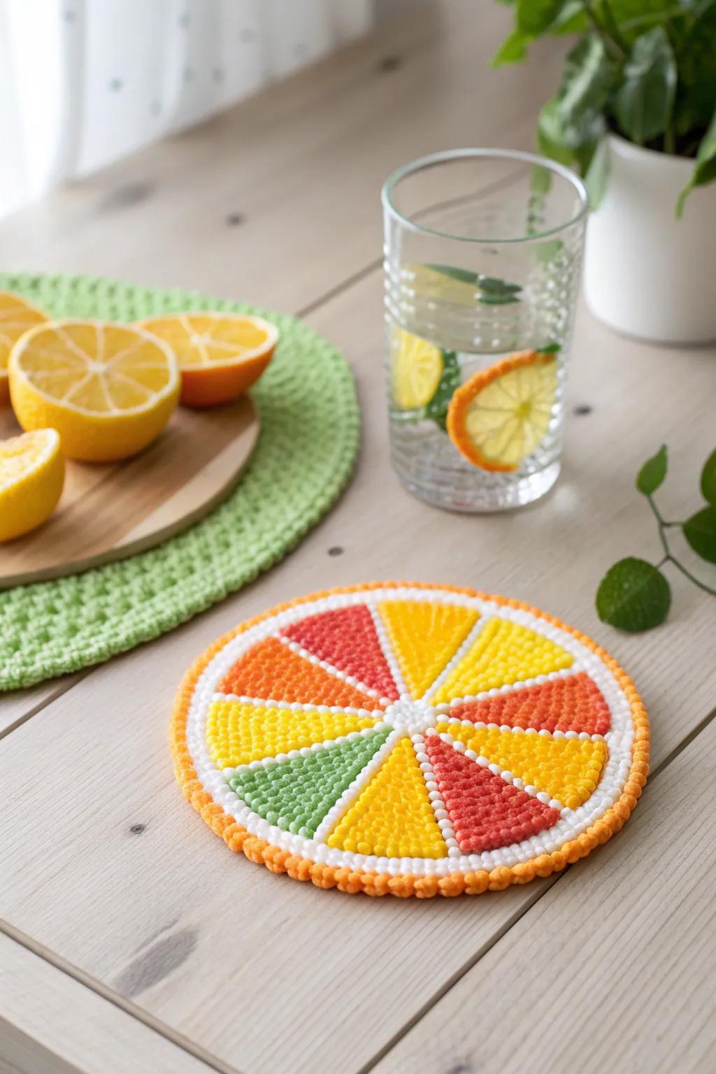 Add a splash of zest to your decor with this charming citrus slice coaster, where minimalist design meets boho flair.