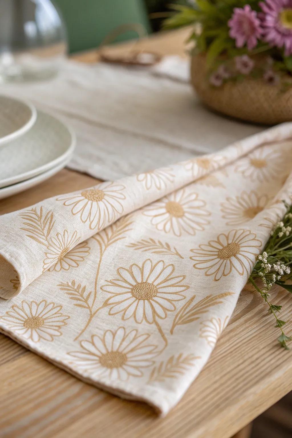 Elevate your home linens with the subtle artistry of daisy-stamped designs, where simplicity meets natural beauty.