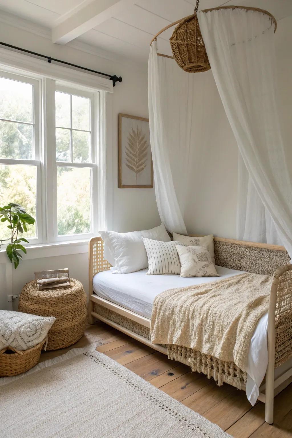 A sheer canopy drape instantly makes a daybed feel like a dreamy lounge—no floor space needed.