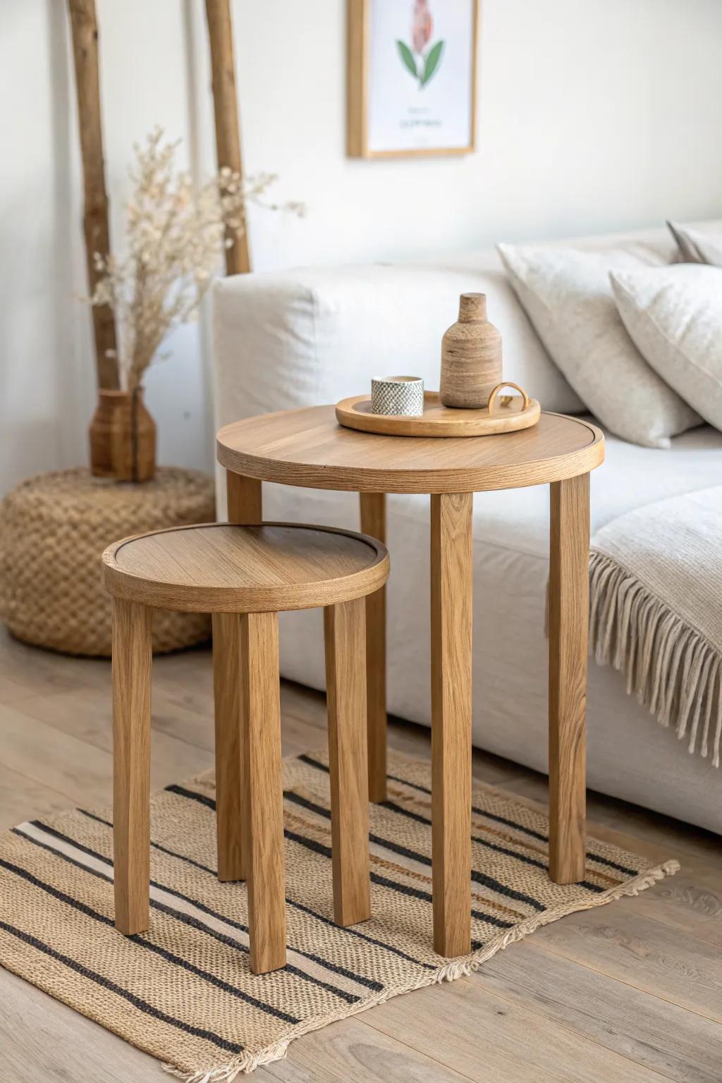 Small-space win: light oak nesting tables beside a daybed keep coffee and laptop within reach.