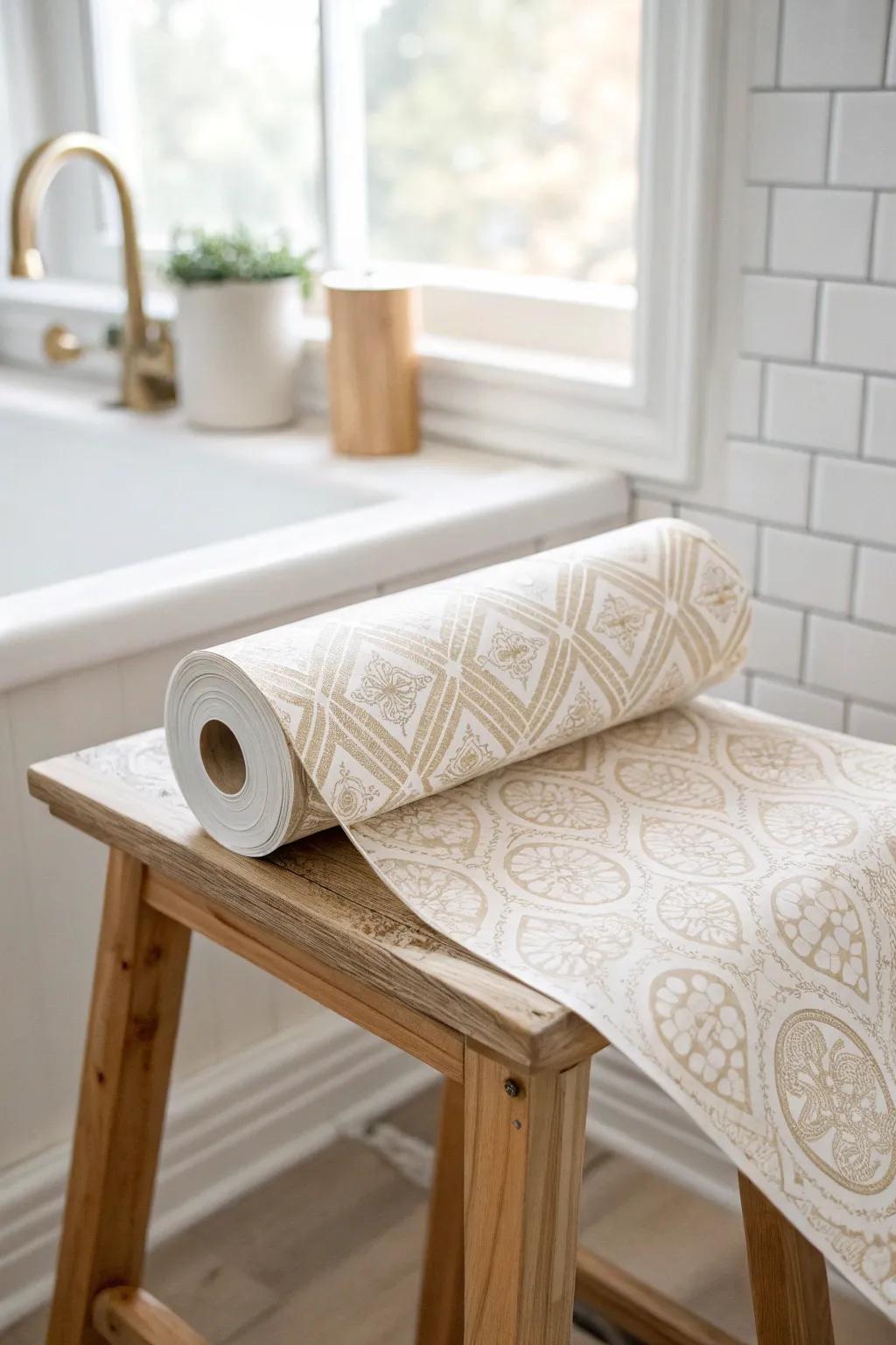 One peel-and-stick wallpaper accent adds big personality—without shrinking a small bathroom.