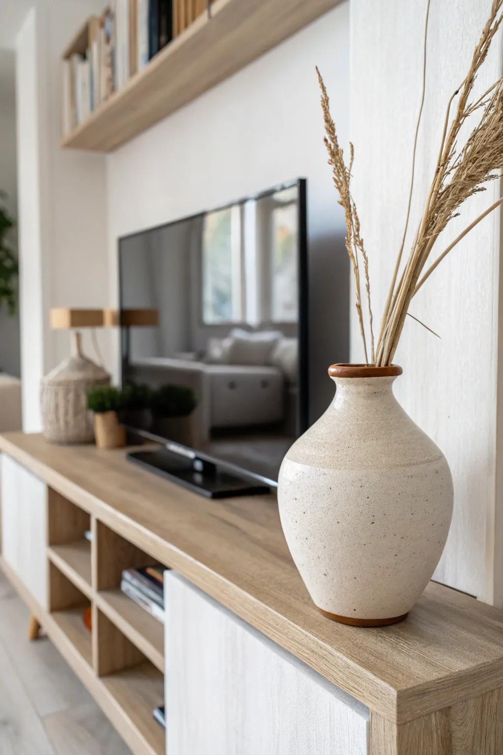 Anchor the outer shelf with one sculptural vase to balance a TV wall in a small living room.