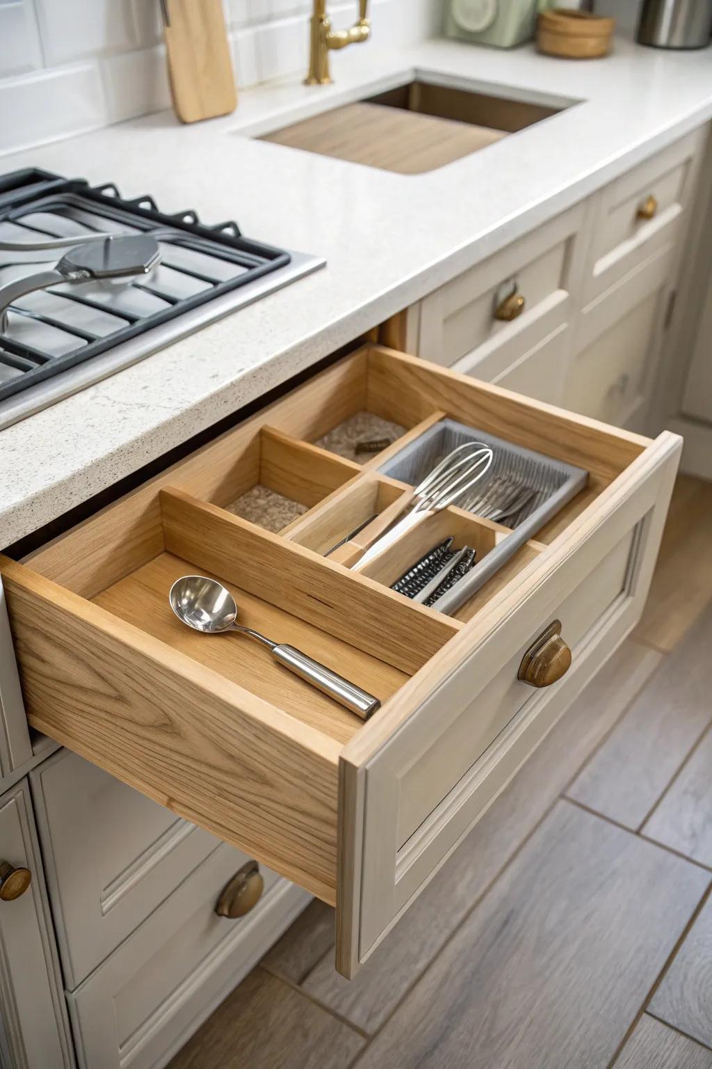 Corner bin zone for awkward deep drawers—keeps tongs and thermometers perfectly in place.