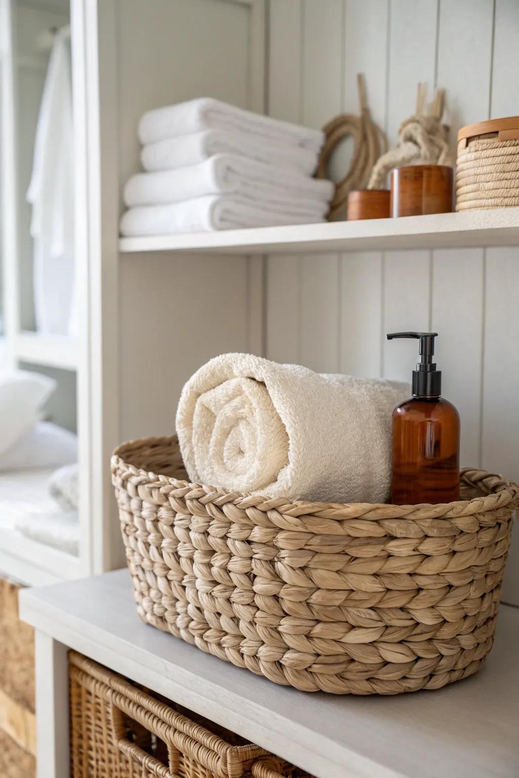 Front-edge guest basket: towels, pillowcase, and essentials ready in seconds—no digging.