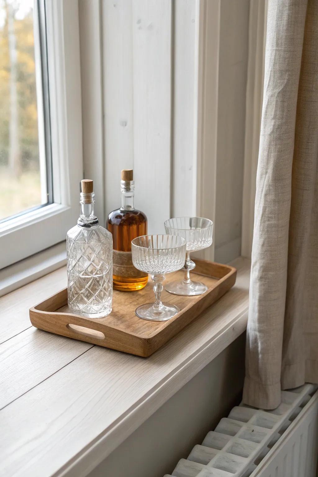 Turn a deep window sill into a chic mini bar ledge with one tray and a few essentials.