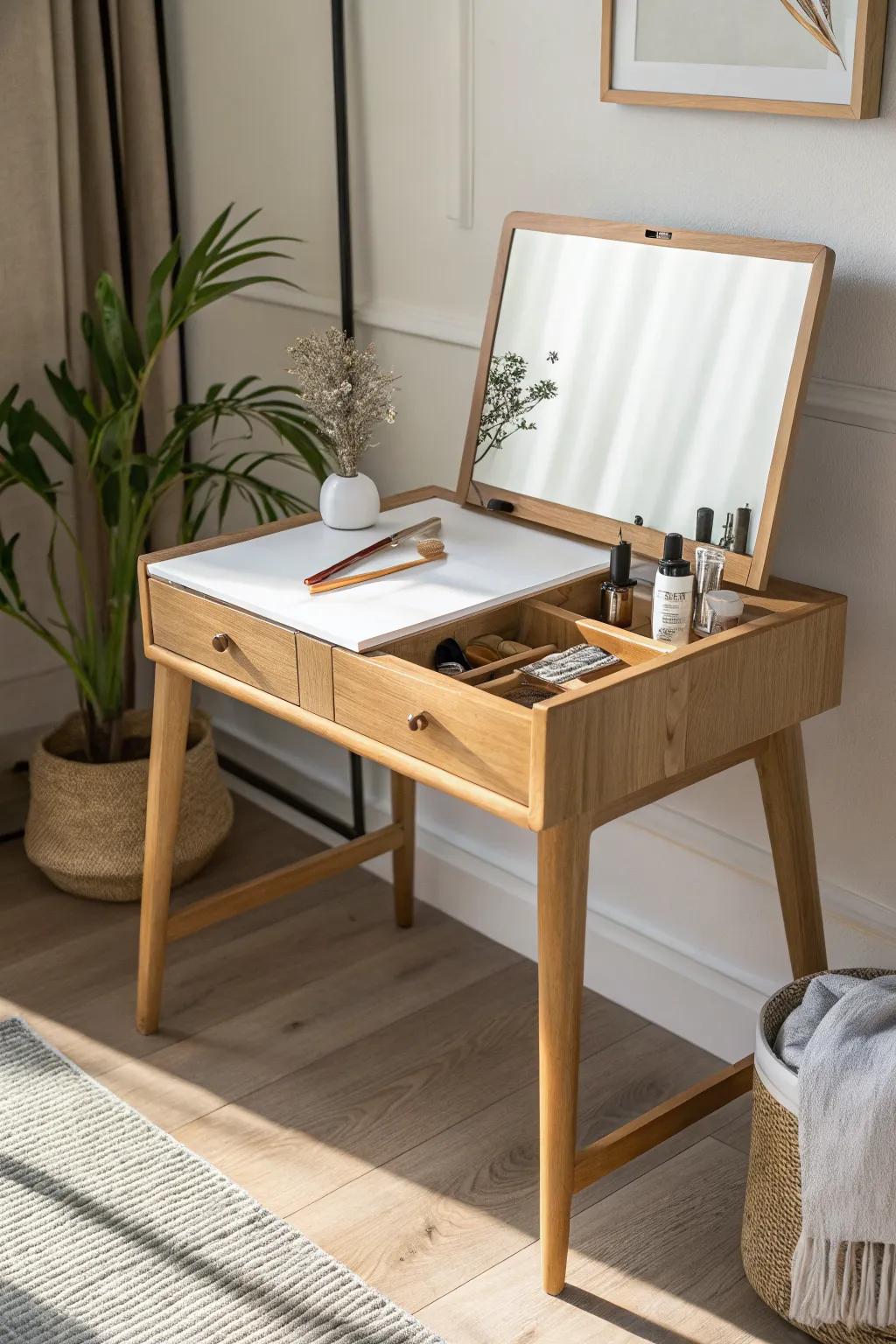 Flip-top mirror desk: clean workspace on top, hidden vanity + storage underneath.