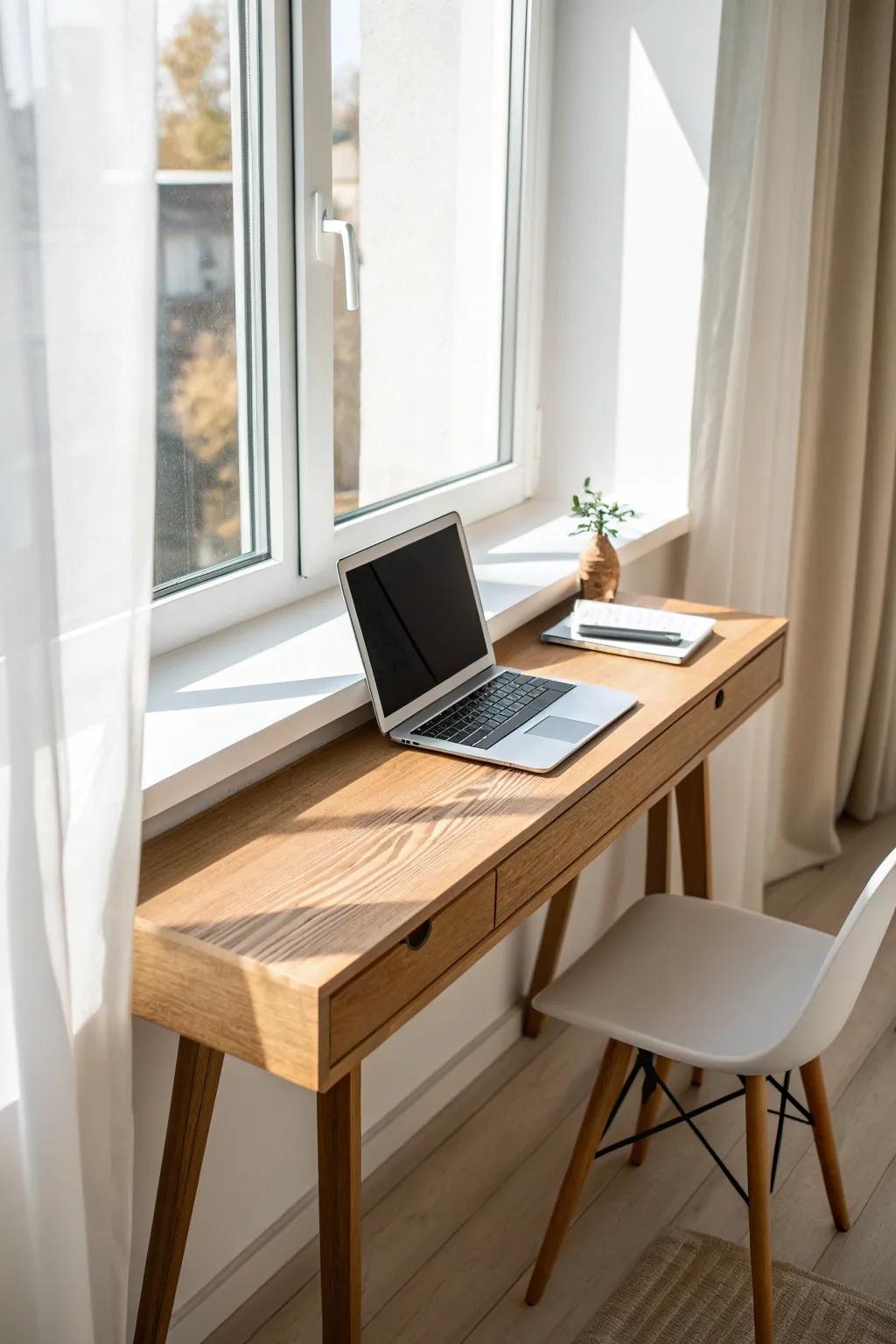 Deep windowsill, big ideas: a slim oak micro desk board for laptop work in bright light.