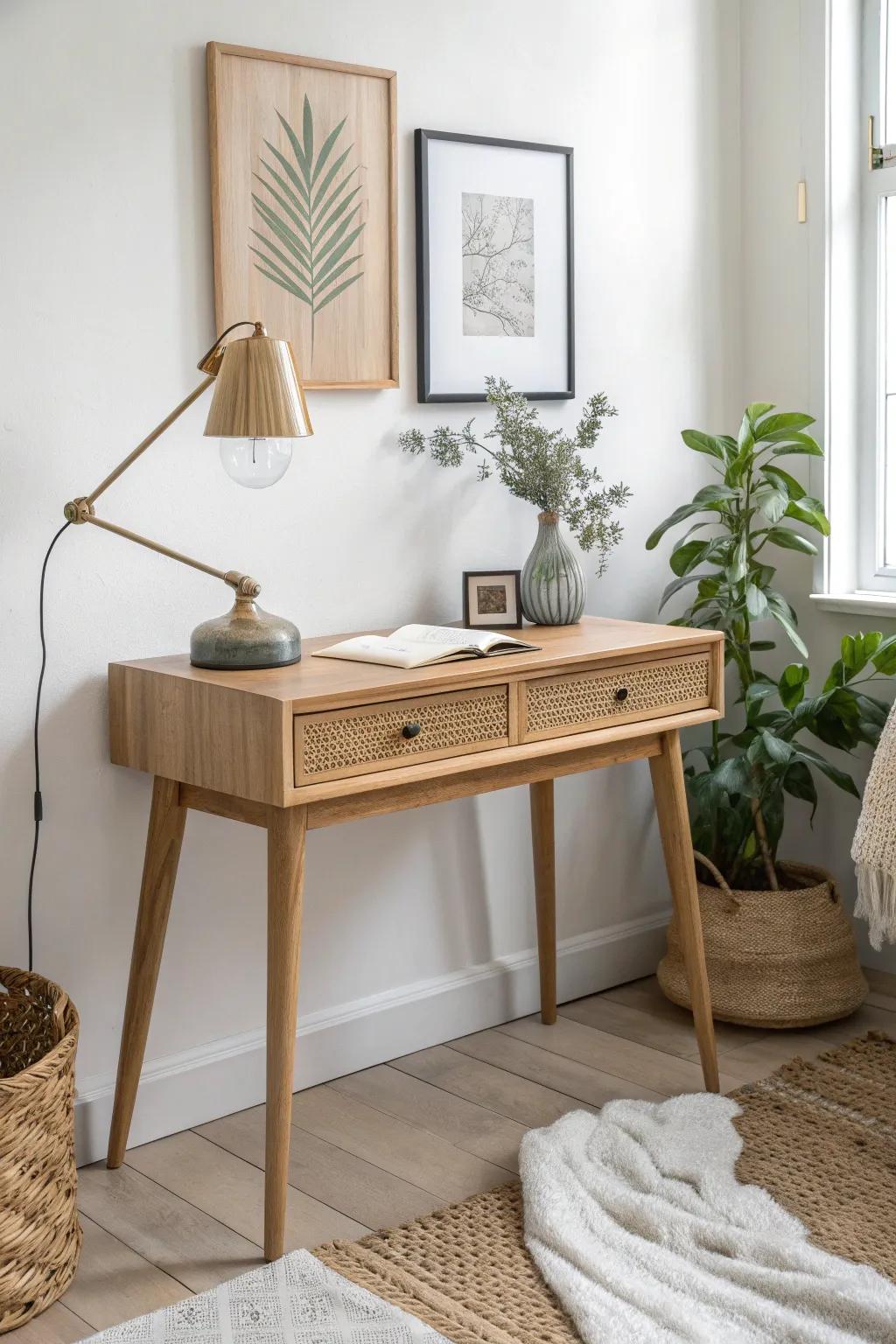 Style your living-room desk like decor: art above, a tiny plant, and one warm lamp.