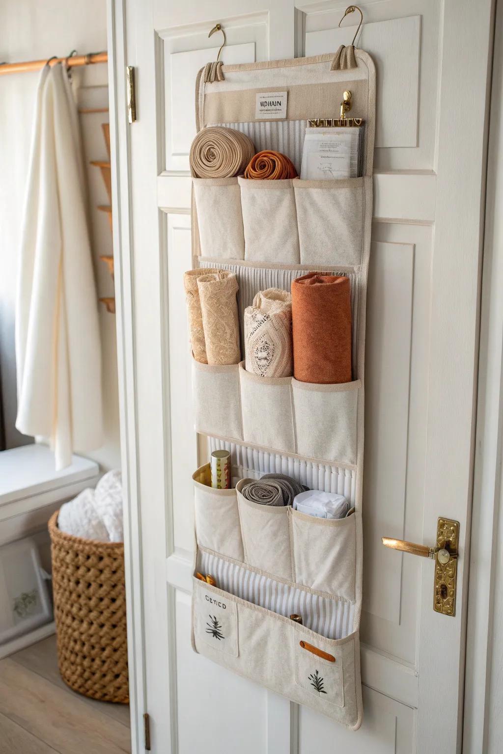 Over-the-door linen storage: chic, hidden dining essentials with zero extra furniture.