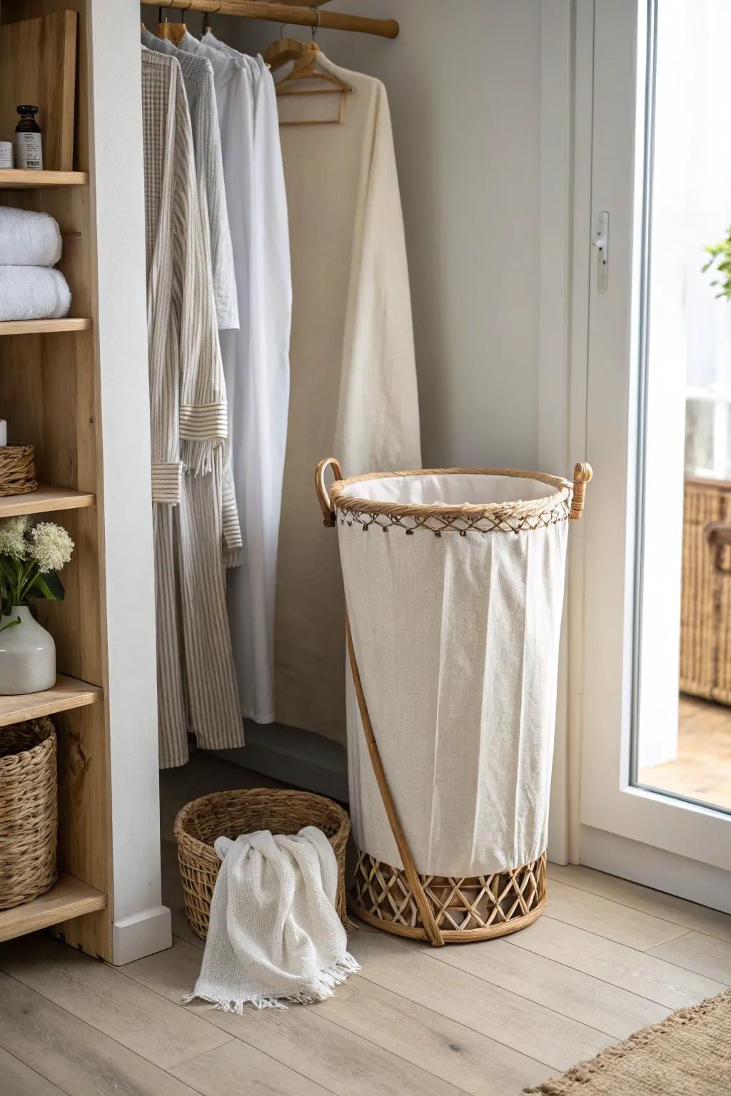 Hide dirty laundry in plain sight: a closet-corner hamper with a simple linen curtain front.