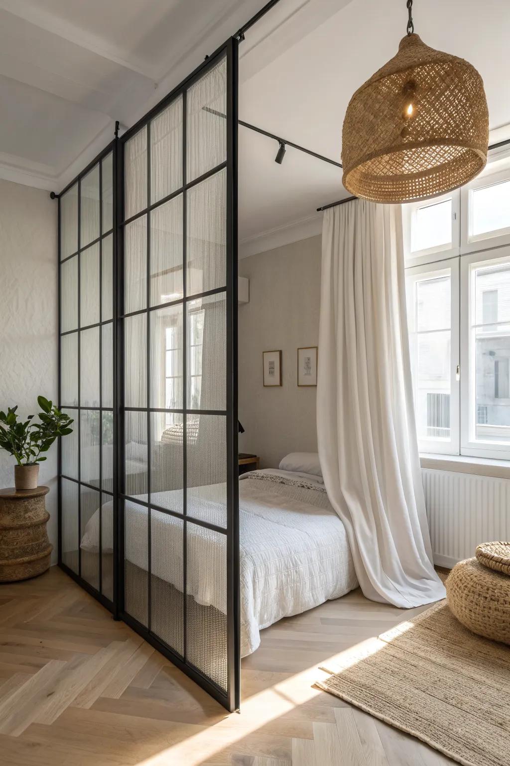 Airy split-bedroom solution: slim metal-framed glass + linen curtain for light and privacy.