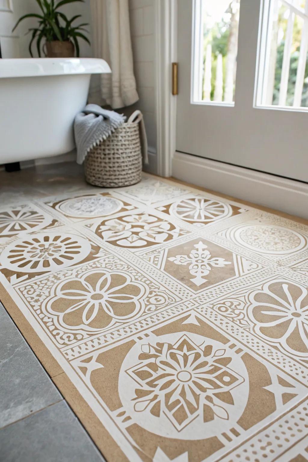 Budget makeover: a floor stencil turns a plain bathroom into chic patterned “tile” for less.