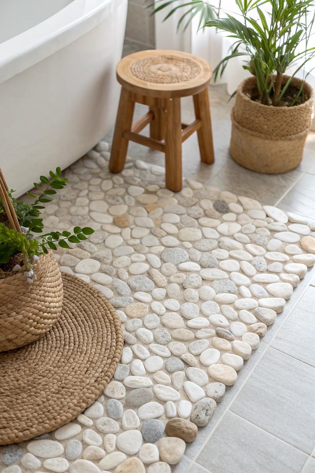 Transform your bathroom into a serene oasis with soothing pebble tiles. #SpaAtHome #NaturalBeauty