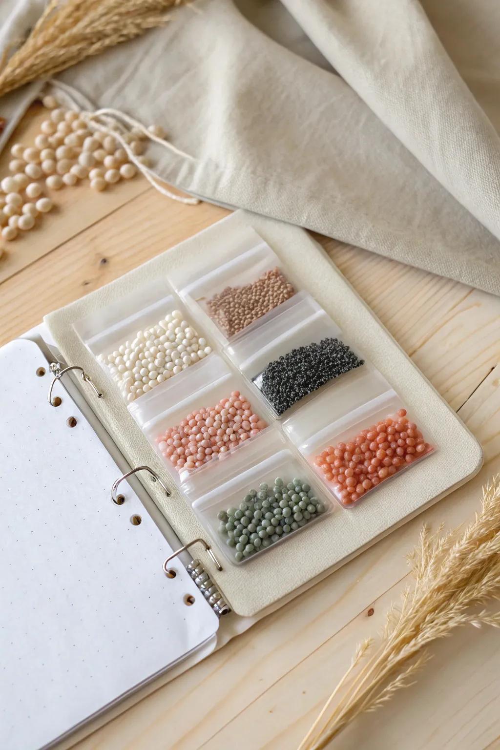 Flip through bead colors like a catalog—binder pocket pages keep flat packs tidy and visible.