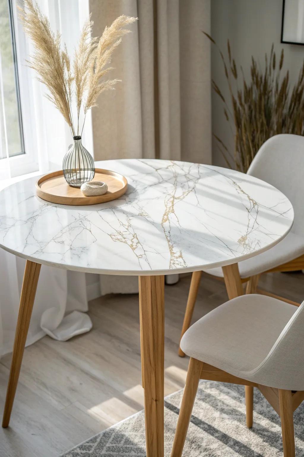 Create a luxe faux marble tabletop—easy wrap, crisp edges, and small-space friendly style.