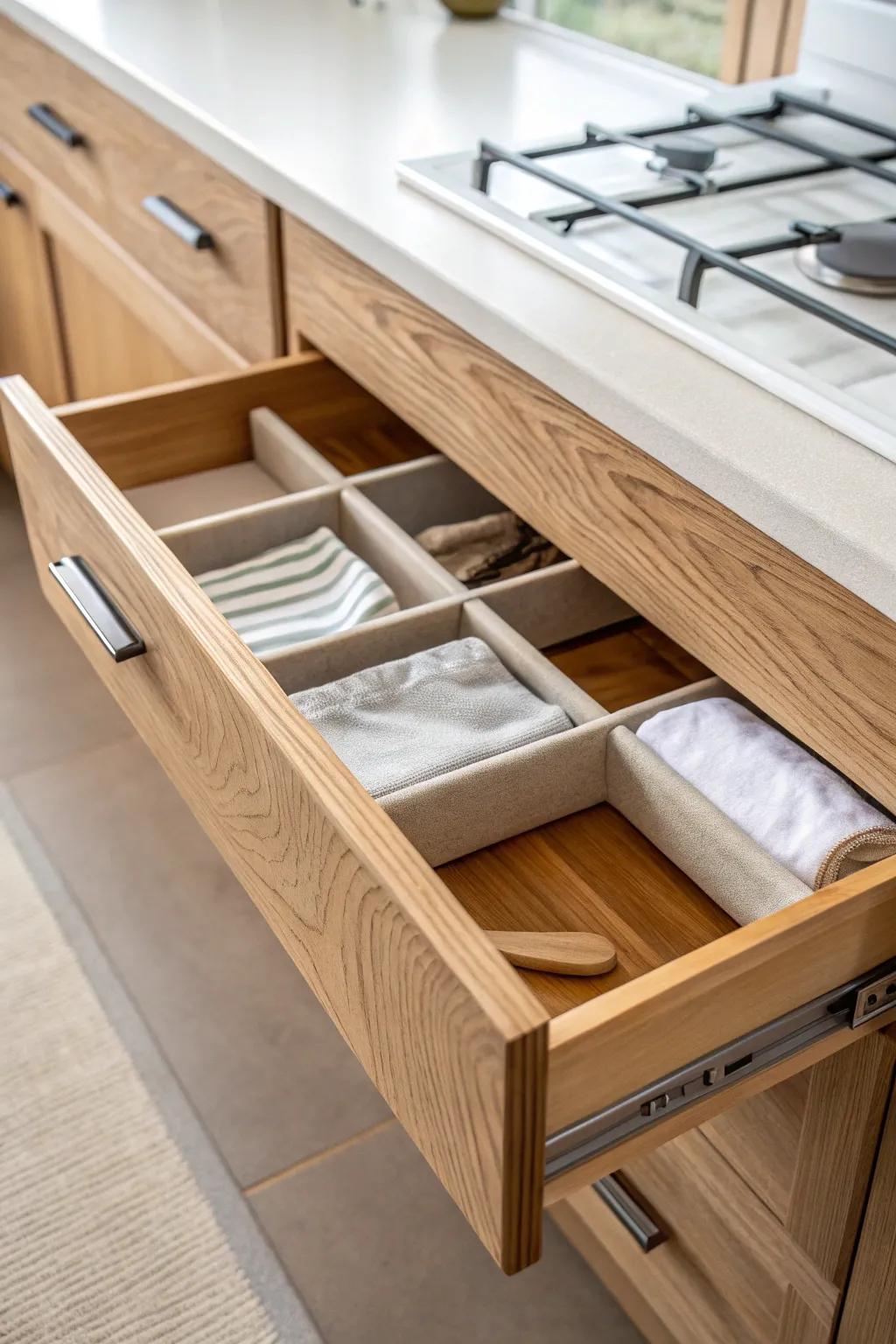 DIY long divider channel: a simple folded-board insert that keeps spatulas and whisks untangled.