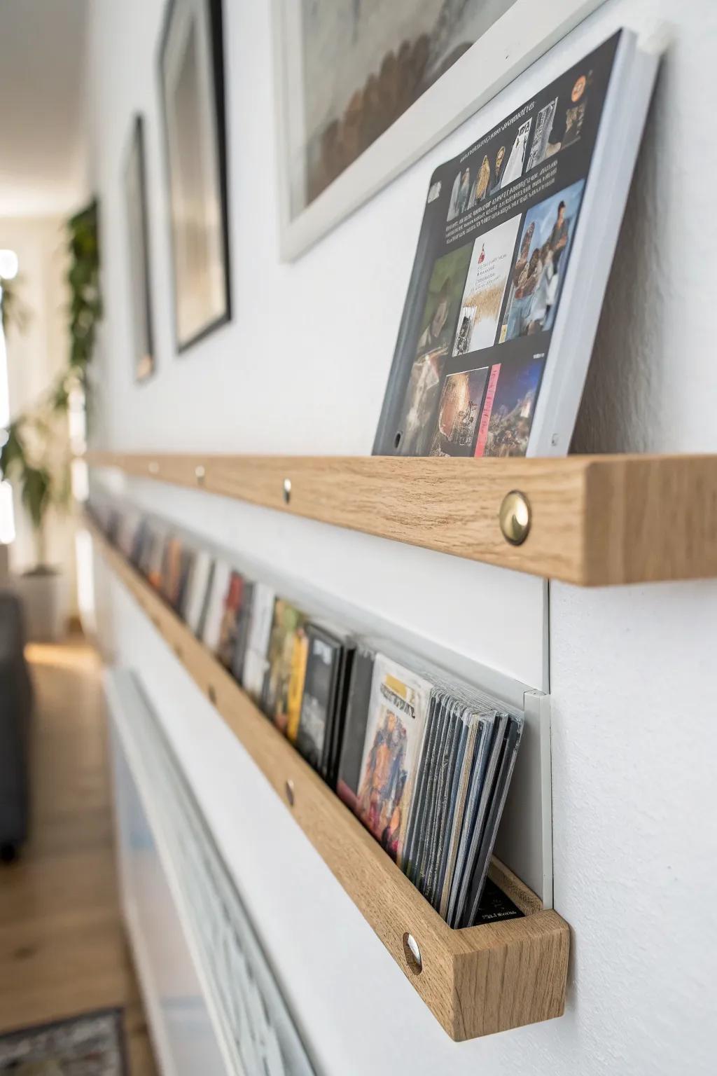 Slim rain-gutter spine rail makes DVDs easy to scan and beautifully minimal—ideal for small rooms.