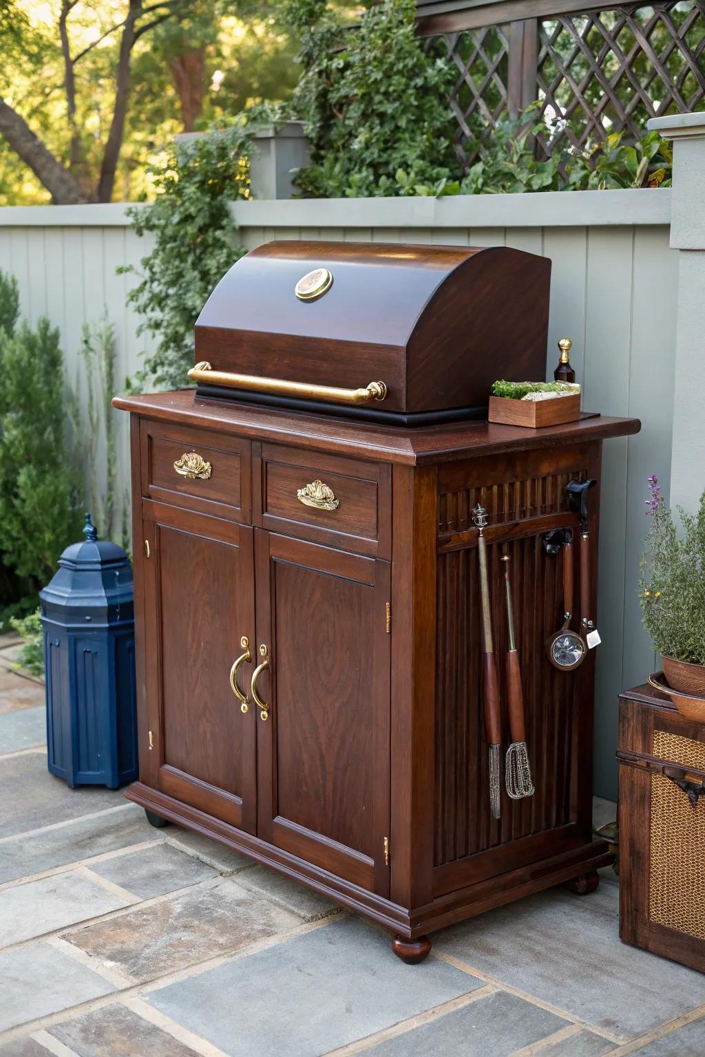 Transform your patio with this stunning vintage cabinet grill station – where craftsmanship meets culinary charm.