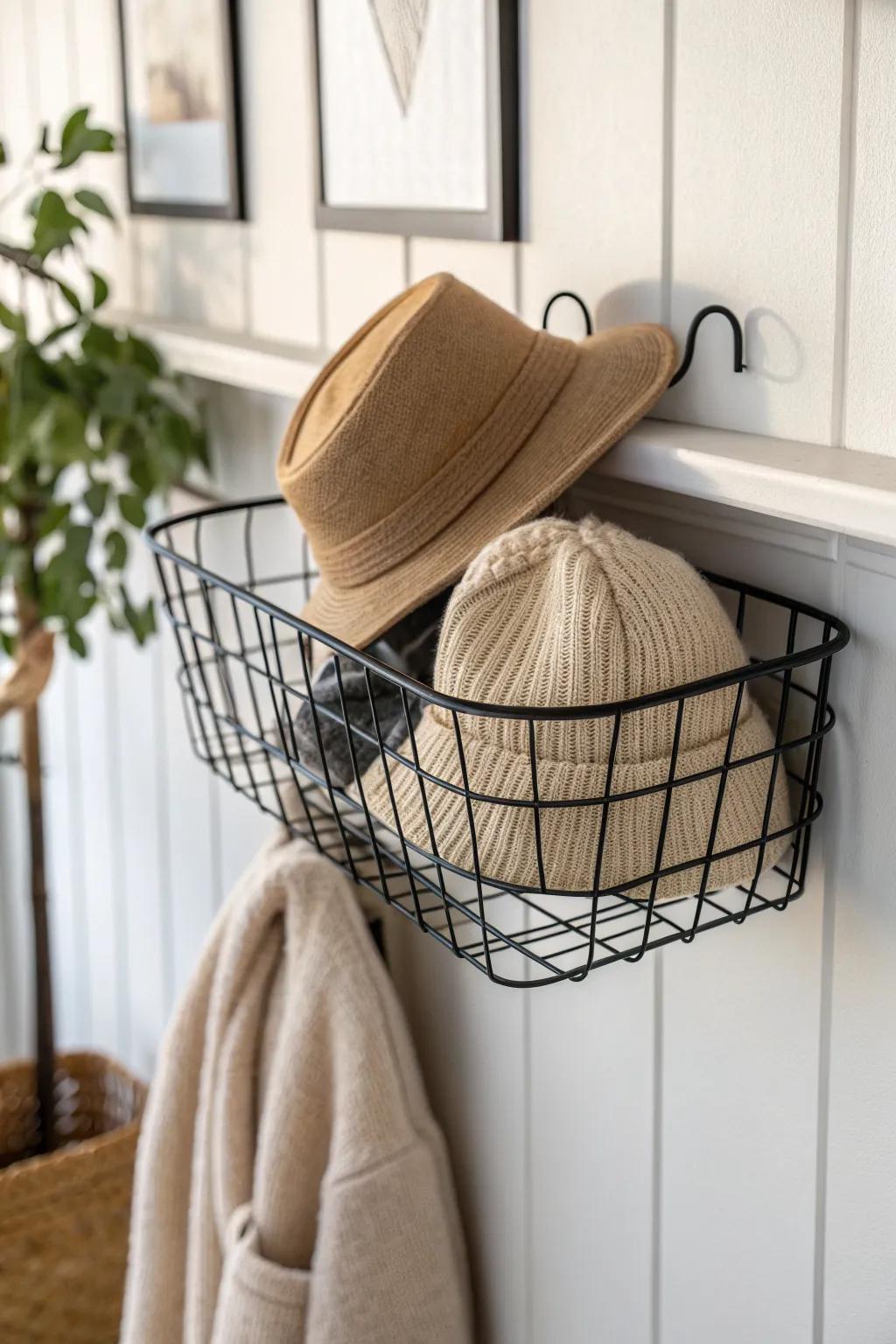 DIY hat storage: a wall-mounted wire basket keeps beanies breathable and beautifully tidy.