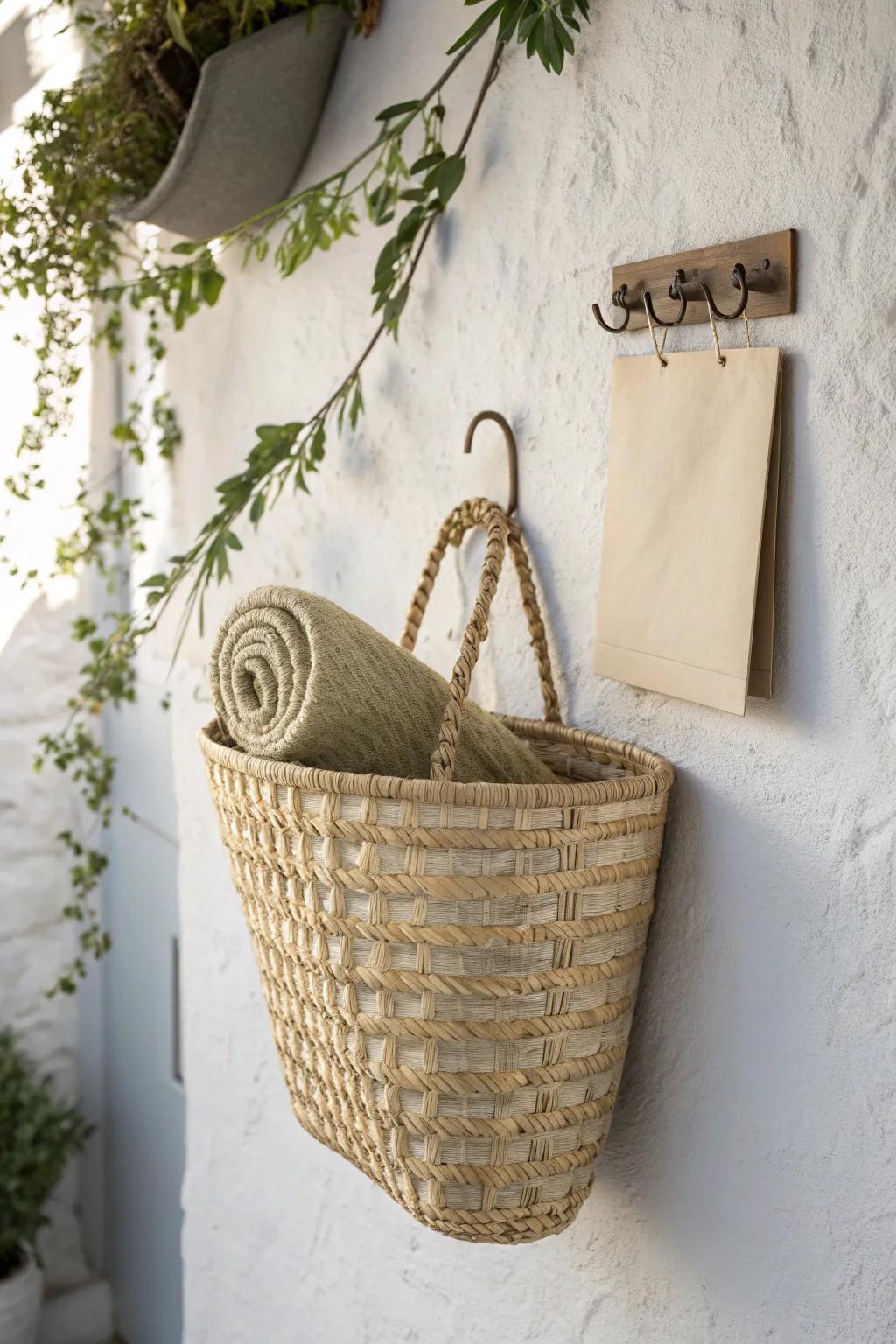A single woven wall basket turns scarves + mail into decor—budget-friendly, clutter-free storage.