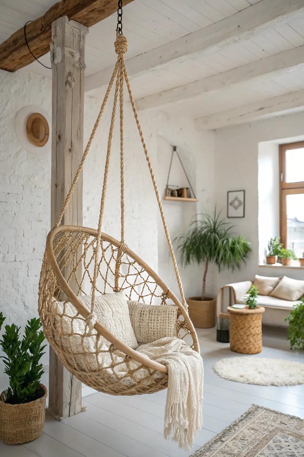 Escape into serenity with this elegant cocoon swing, perfect for a cozy reading nook in your minimalist home.