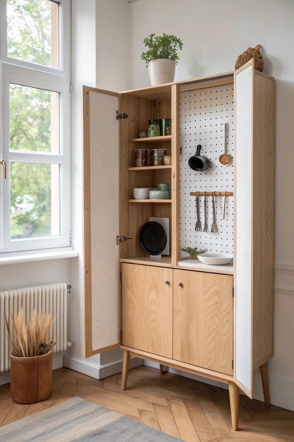 Pegboard-back hutch: a chic DIY way to hang tools and gadgets when drawer space is tight.