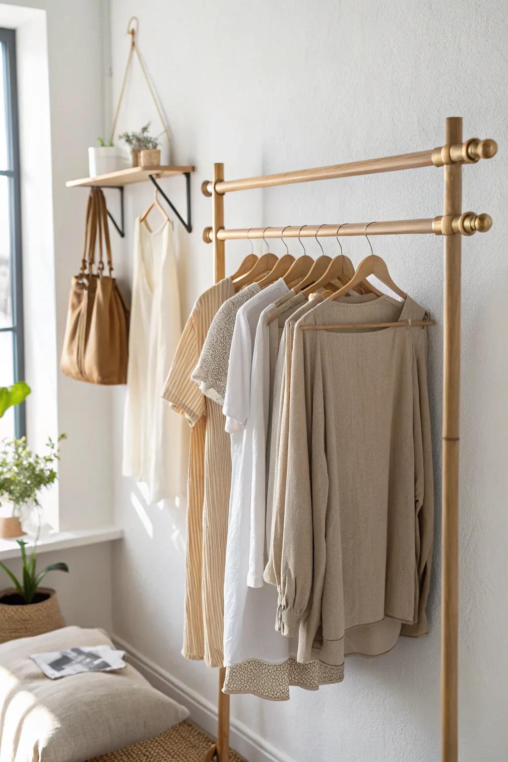 DIY dowel clothing rack: a chic, low-cost way to turn a tiny bedroom into a boutique.