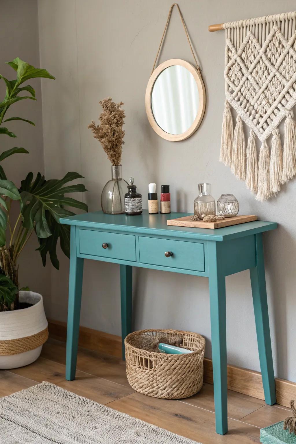 Awaken your senses with a pop of teal—where Scandinavian simplicity meets Boho flair.