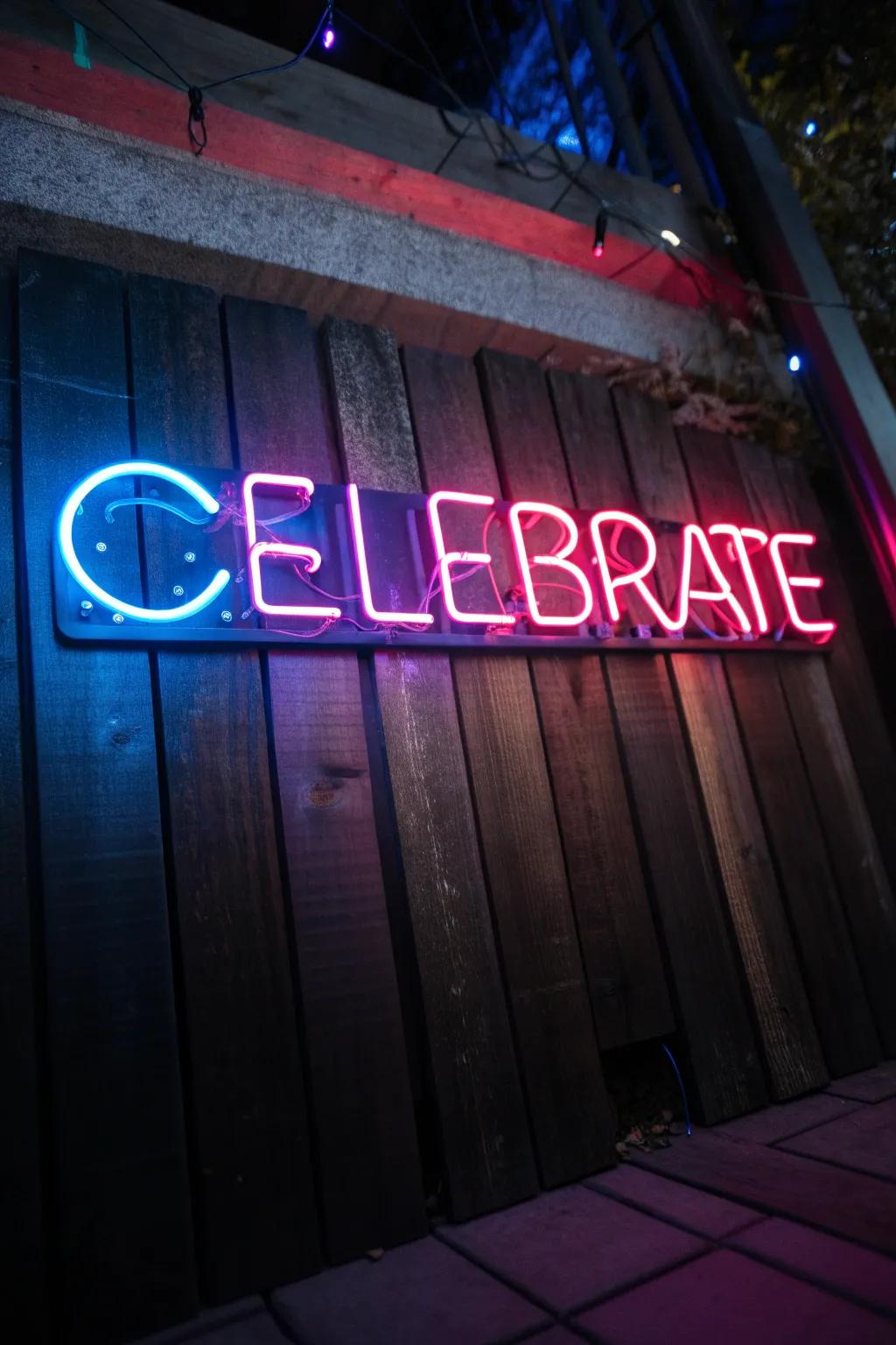 Light up your party with a handcrafted neon 'Celebrate' sign for an unforgettable atmosphere.