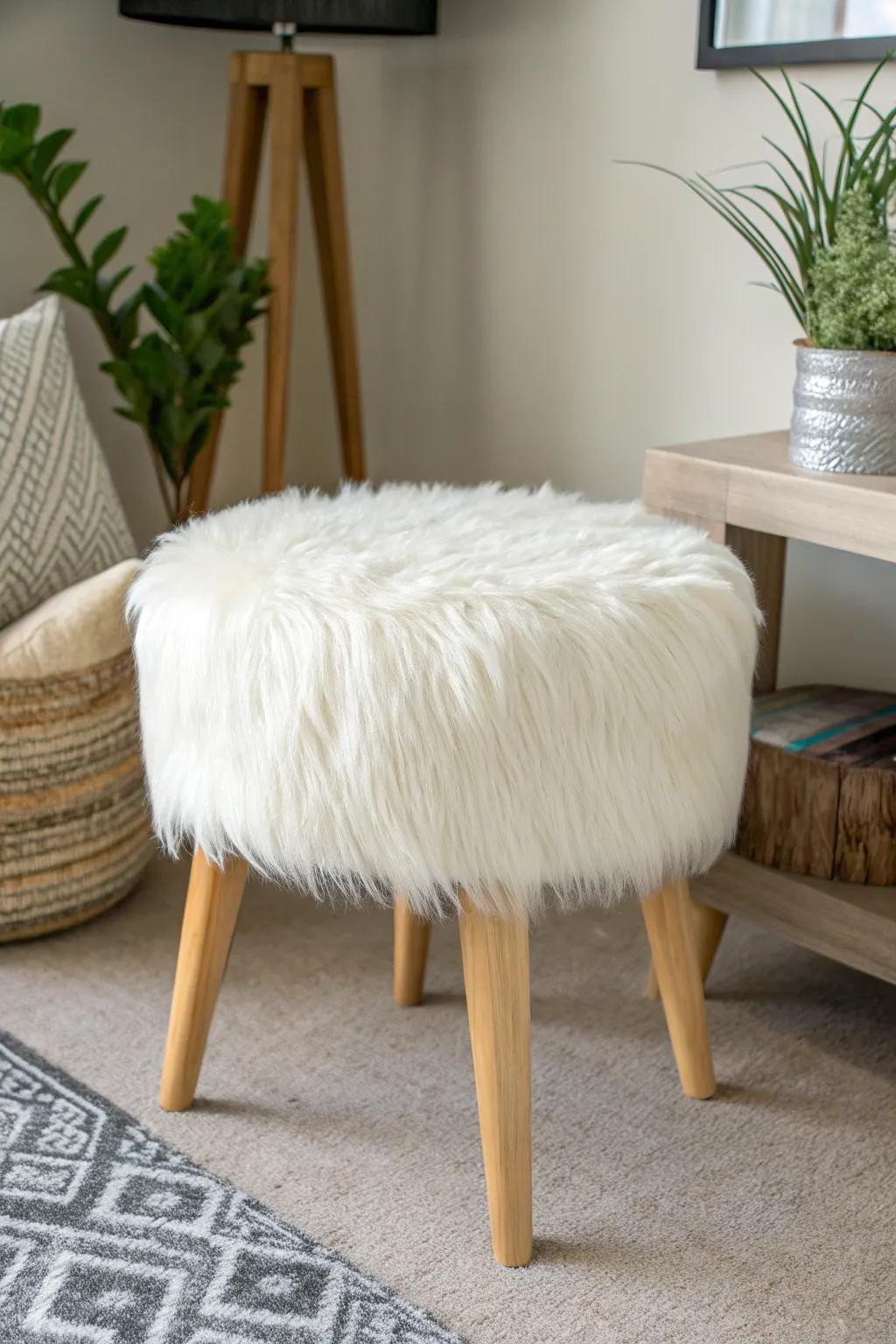 Transform your nook into a haven with a cozy faux fur footstool—where simplicity meets luxury.