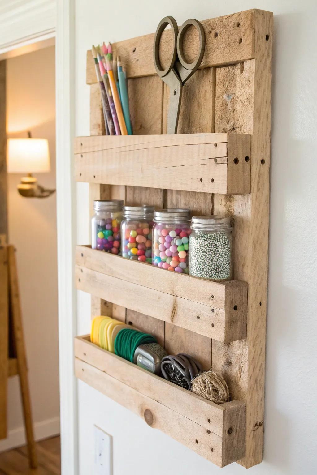 Vertical pallet wall caddy keeps tiny desks clear—pretty jars and hooks for kid craft supplies.
