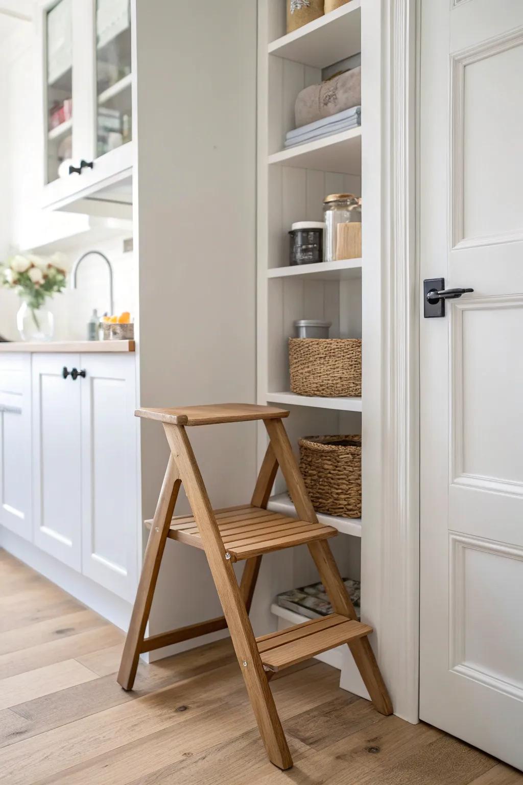 A chic folding step stool tucked beside pantry shelves—always ready for the top shelf.