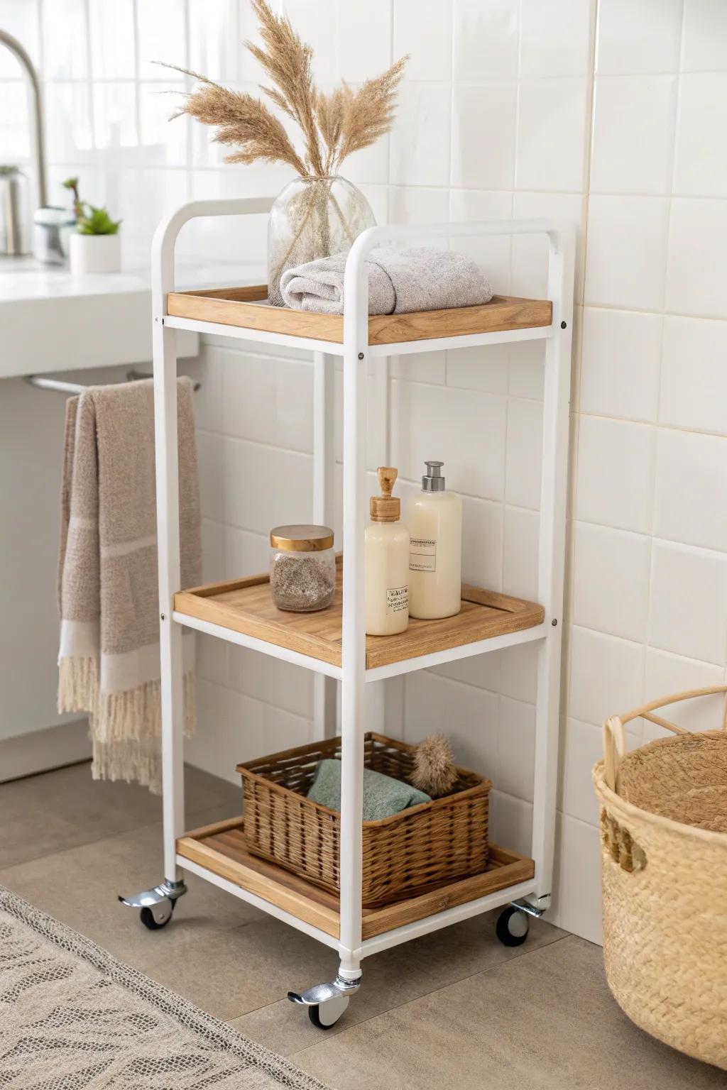 DIY a slim rolling cart to tuck between vanity and toilet—pretty storage for tiny bathrooms.