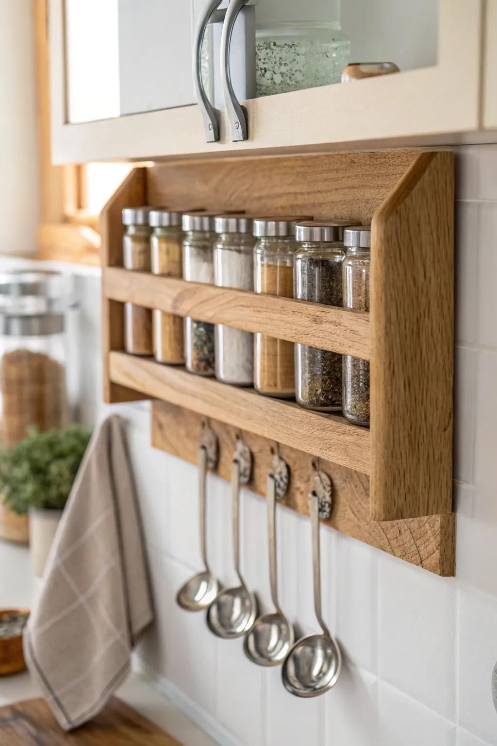 Minimal oak spice rack with peg rail—hang measuring spoons below for a calm, tidy cook zone.