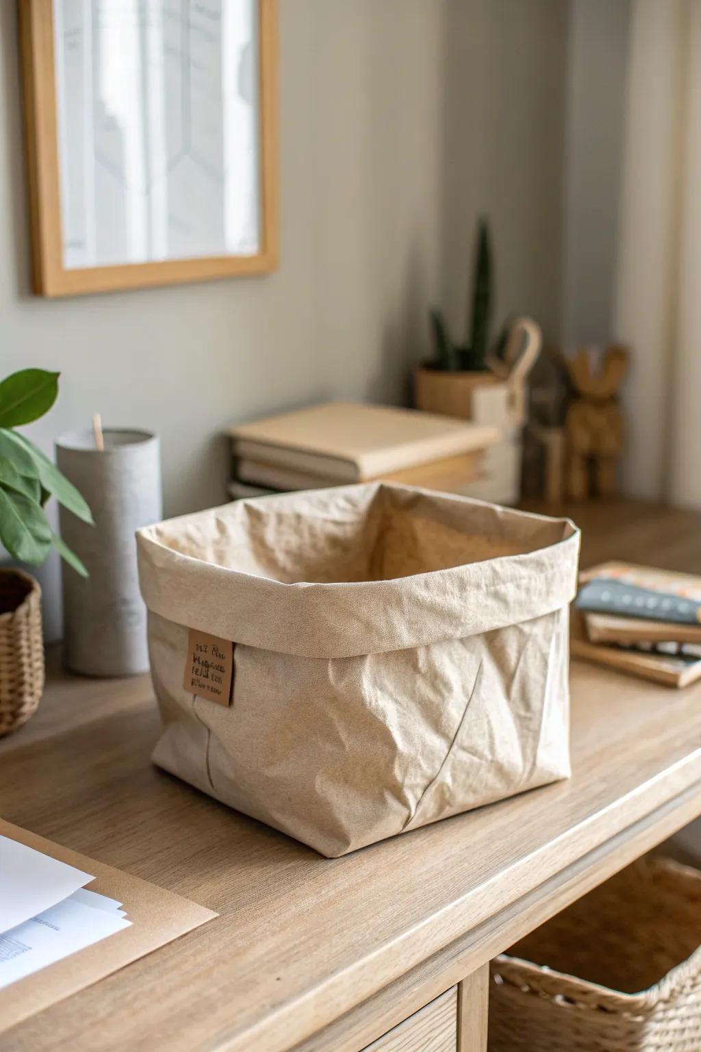 Chic upcycled paper-bag basket: feather-light desk storage with a minimalist Scandi vibe.