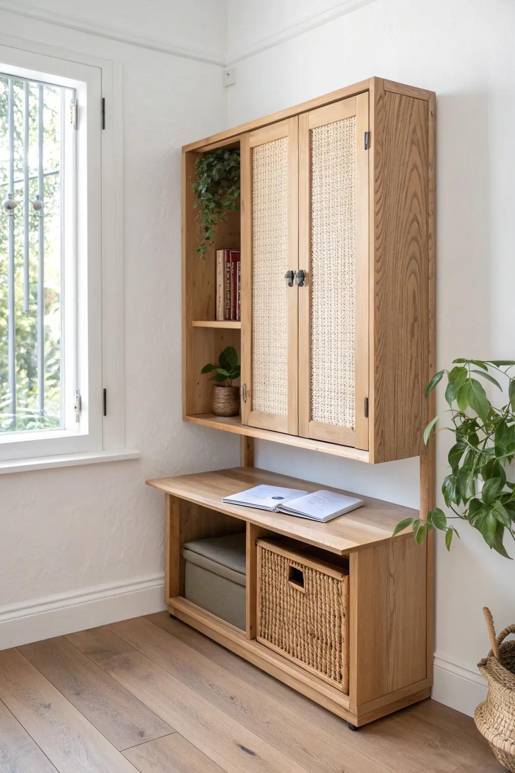 A fold-down wall workbench cabinet that hides tools fast—small-space storage, beautifully minimal.