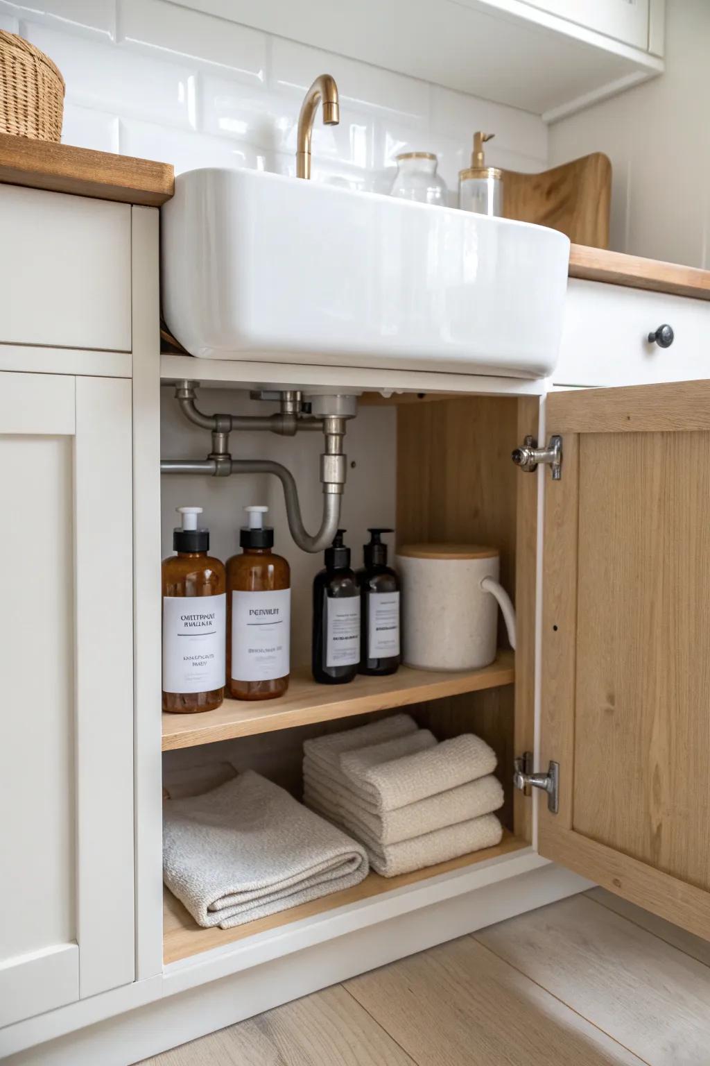 Mini backstock shelf above the trap keeps refills handy—without crowding daily under-sink space.