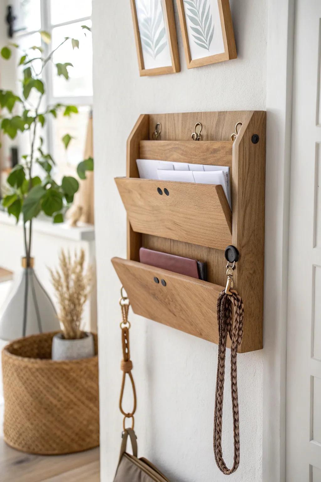 Turn a wall mail sorter into chic leash “folders” for a tidy, snag-free small entryway.