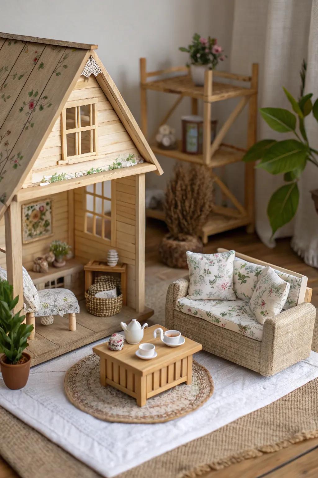 Tiny treasures: Embrace eco-friendly elegance with this handcrafted dollhouse.