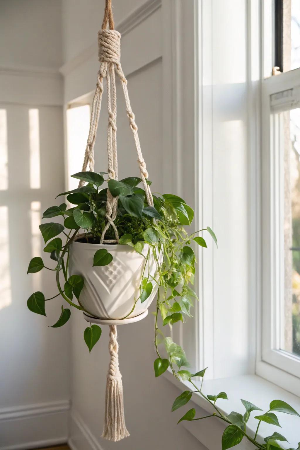 A faux trailing vine in a macramé hanger—instant dorm coziness with zero upkeep.