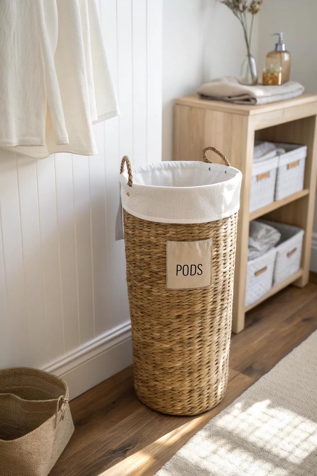 Grab-and-go dorm laundry corner: a slim hamper with pod pouch keeps wash day effortless.