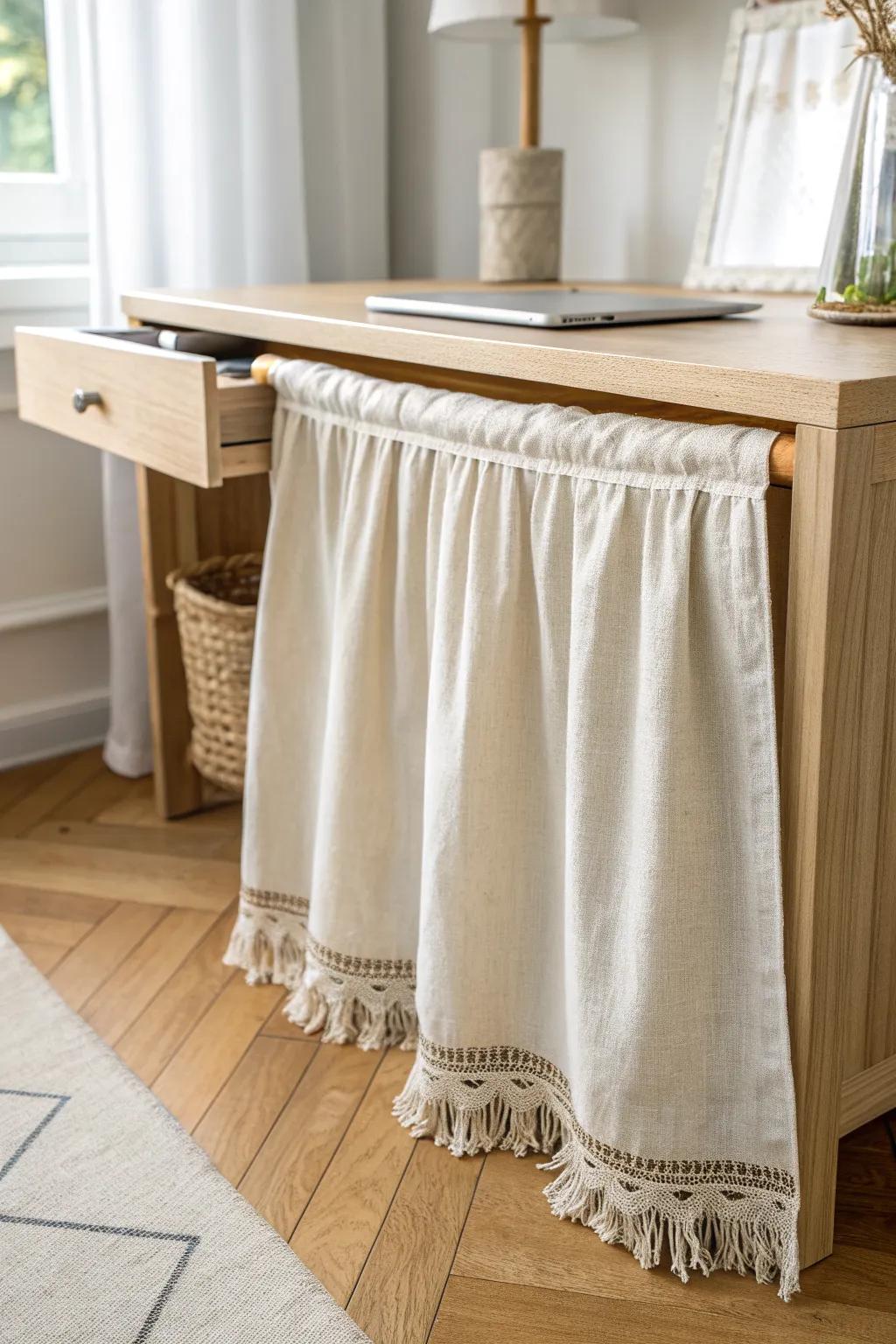 A linen desk skirt instantly hides under-desk clutter—tidy dorm vibes in seconds.