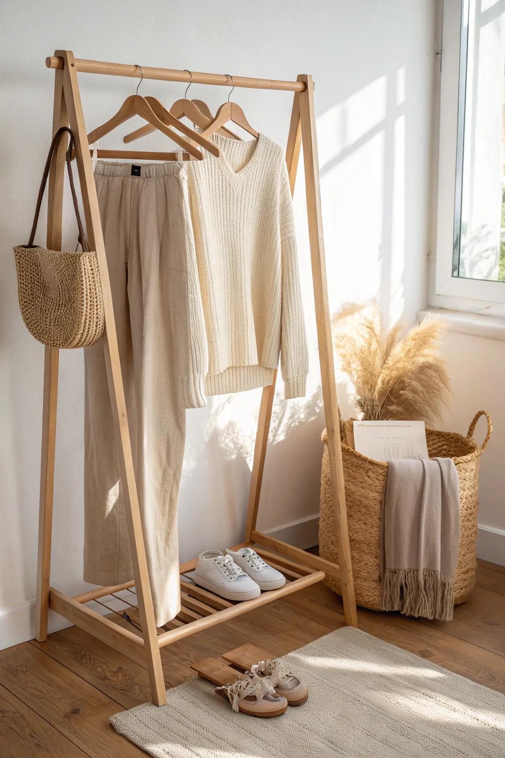 A simple open rack turns your favorite outfits into decor—curated, calm, and space-smart.